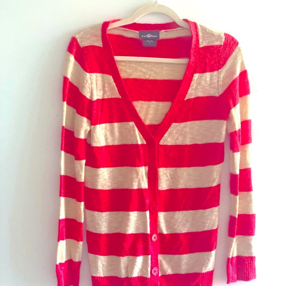 It’s Our Time Coral and Cream Striped Long Sleeve Cardigan Sweater